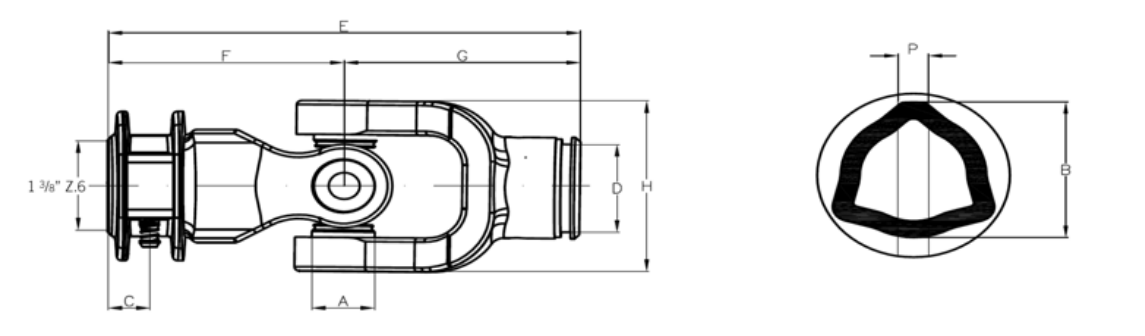 NUDO TRANSMISION Estriado 1 3/8” Z.6 PARA TUBO TRIANGULAR DE 45 mm