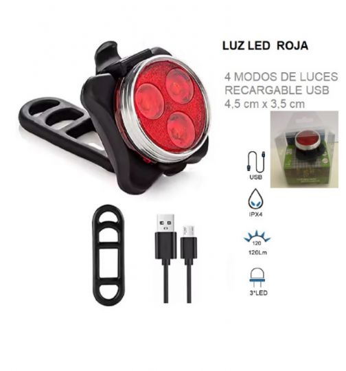 LUZ LED RECARGABLE USB ROJA 4 MODOS DE JUEGO DE LUCES 4.5 X 3.5 CM (BICI)