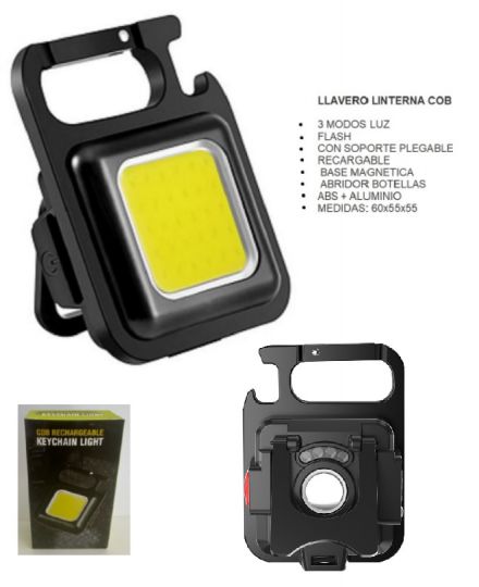LLAVERO LINTERNA COB 3 MODOS LUZ, CON SOPORTE PLEGABLE, RECARGABLE, BASE MAGNETICA, ABRIDOR BOTELLAS