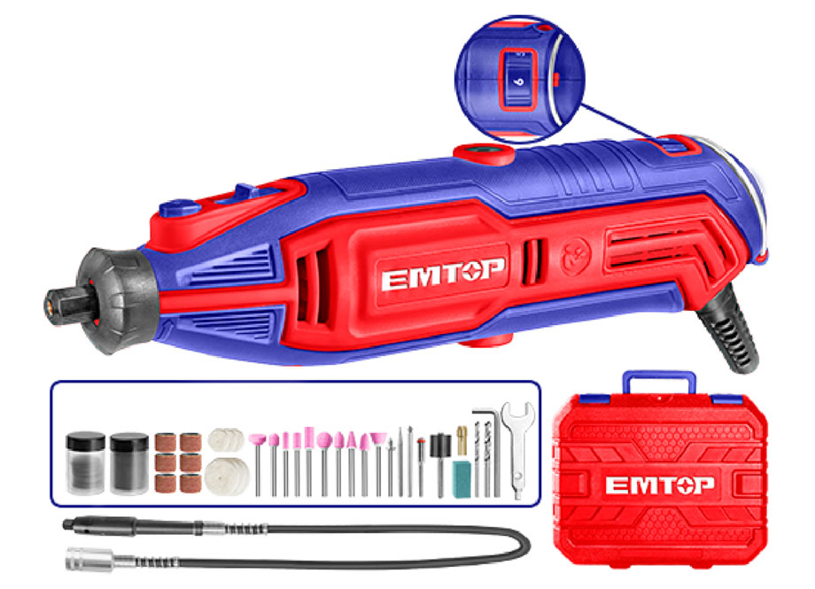 MINI AMOLADORA 130W 3.2MM EMTOP (INCLUYE EJE FLEXIBLE, ACCESORIOS Y MALETIN)