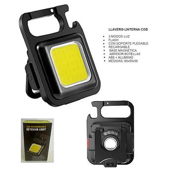 LLAVERO LINTERNA COB 3 MODOS LUZ, CON SOPORTE PLEGABLE, RECARGABLE, BASE MAGNETICA, ABRIDOR BOTELLAS